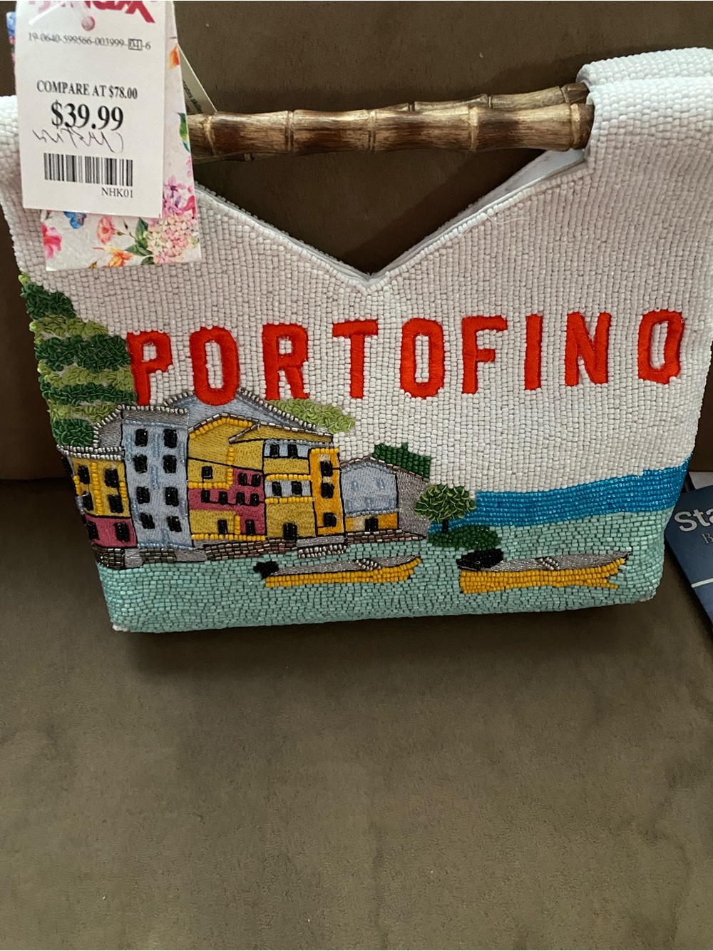 T.J.Maxx White Beaded Coastal City Tote with Yellow Accents